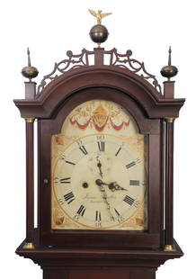 Thomas Moulton Rochester NH Cherry Tall Case Clock: Thomas Moulton Rochester NH Cherry Tall Case Clock, American painted iron dial, 8-day arched plate movement, pierced fretwork top on bonnet with brass ball and spire finials, case with old if not orig