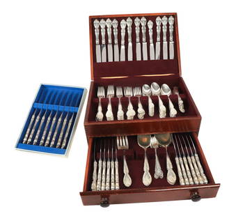 (118) Pcs Gorham Sterling Flatware, 152.345 TO: (118) Pcs Gorham sterling silver flatware, Melrose pattern with 3-letter monogram, 152.345 TO, c/o (12) 9-1/2" HH dinner knives, (8) 9-1/4" HH steak knives, (12) 8-3/4" HH luncheon knives, (12) 5-3/4"