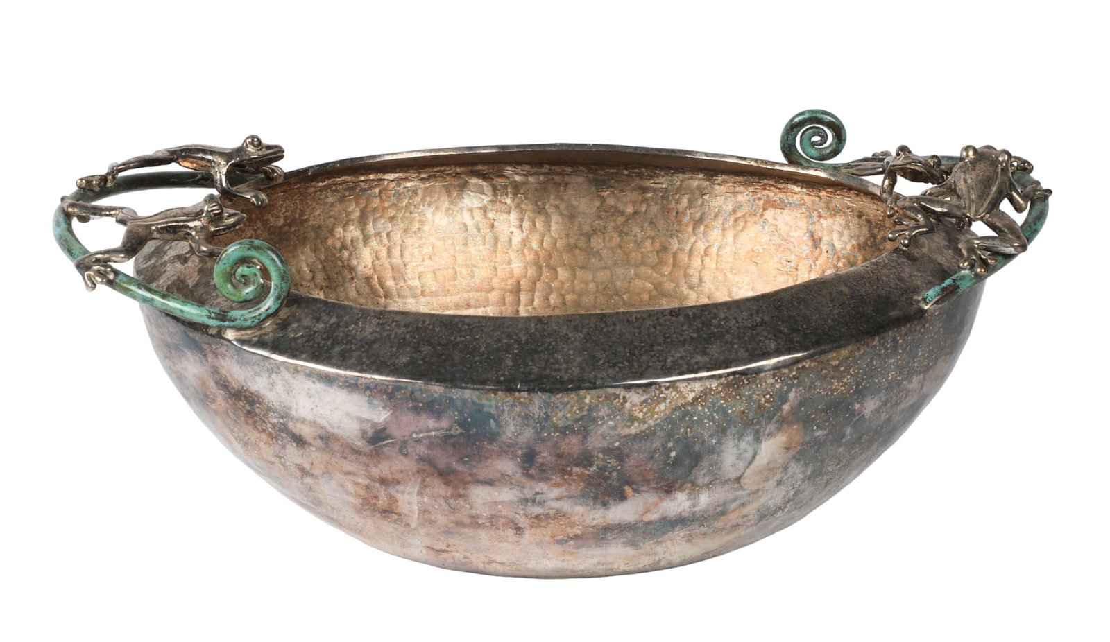 Emilia Castillo Frog Handled Center Bowl: Emilia Castillo (Mexican, 20th C.) frog handled center bowl, T0-85, silver on handwrought copper, with verdigris scroll handles mounted by (4) carefully formed frogs, in various position, stamped Emil