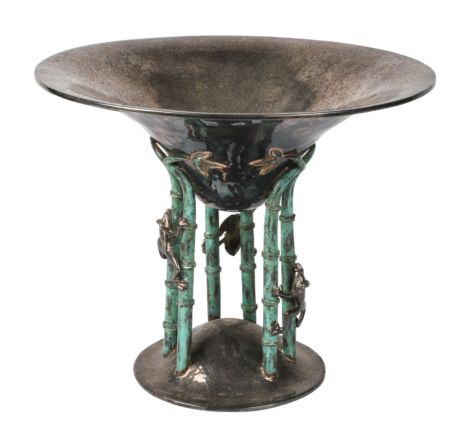 Emilia Castillo Frog and Bamboo Raised Compote: Emilia Castillo (Mexican, 20th C.) Frog and Bamboo Raised Compote, silver on hand wrought copper, a flared bowl over domed base raised by verdigris bamboo form supports in carefully formed frog decora