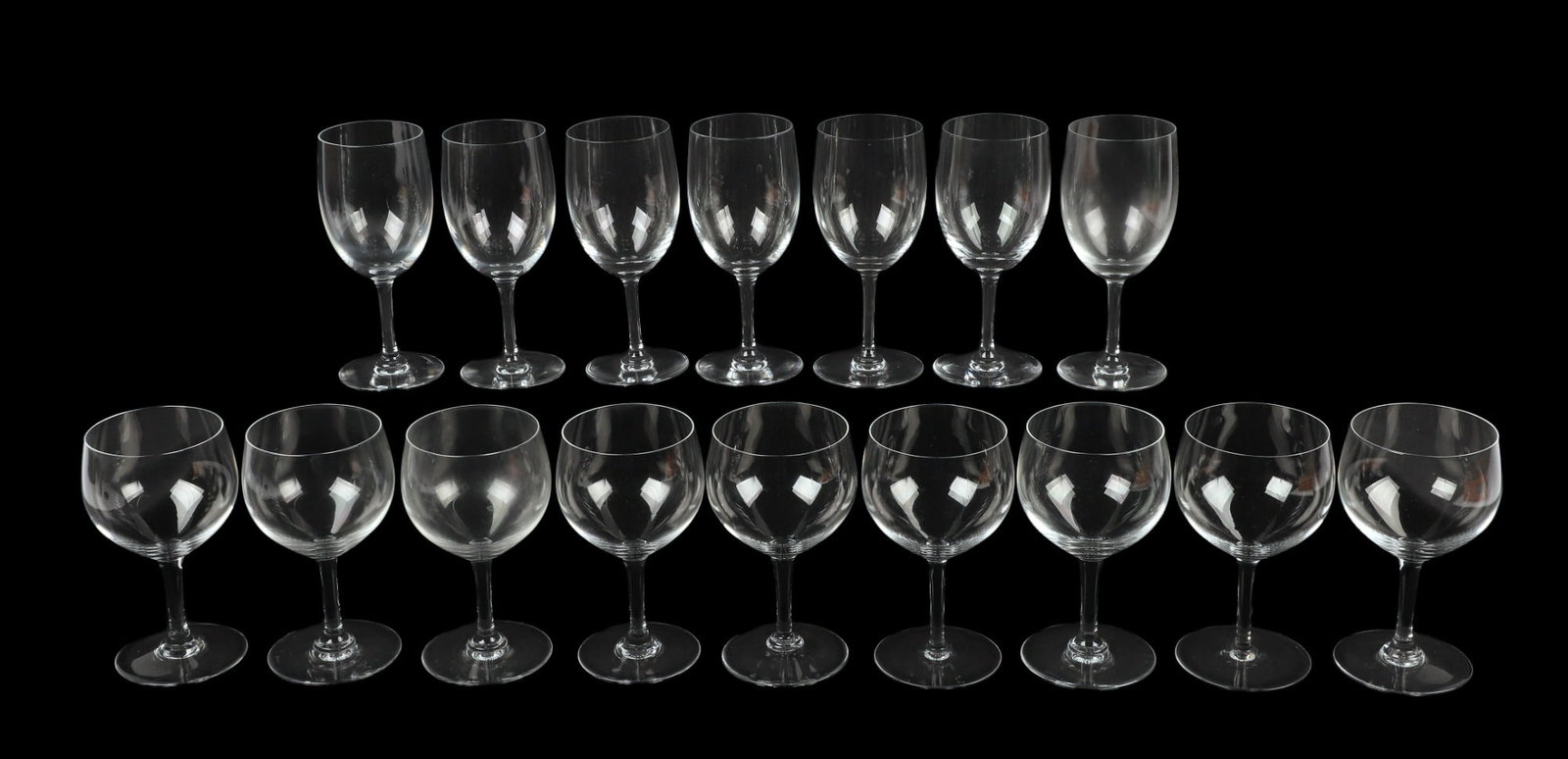(16) Pcs Baccarat Crystal Stemware: (16) Pcs Baccarat crystal stemware, plain undecorated form, possibly in Perfection pattern, acid etched marks to base, c/o (7) 6-1/2" white wine, (9) 6" red wine