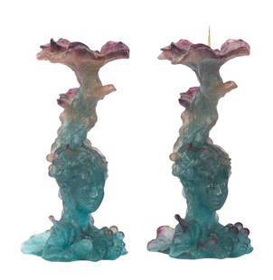 Pair of Daum France Bacchus Candlesticks: Pair of Daum Pate de Verre amethyst glass Baccus candlesticks, frosted green & purple with Dionysus face amid grape clusters & vines, etched signature on base "Daum France", 8-1/4" h, no chips or crac