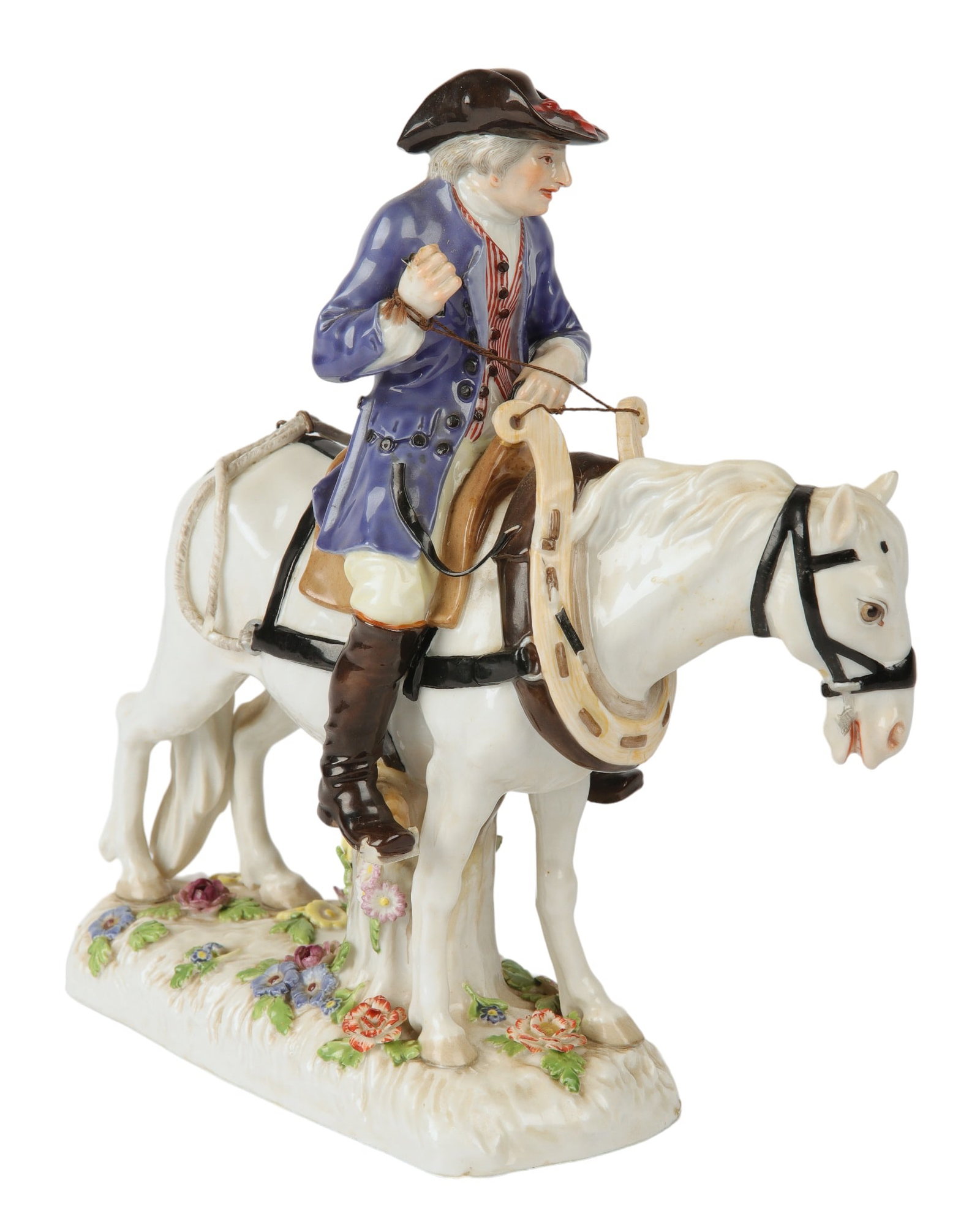 Meissen Male Plowman on Horseback: Meissen male plowman on horseback, blue crossed swords mark, incised 1175 and 76, 7 3/4"L x 8 1/8"H, breaks to rope