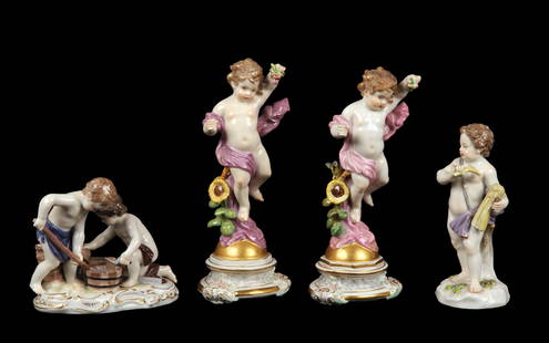 (4) Meissen Porcelain Cherub Figures: (4) Meissen porcelain cherub figures, robed figure pair, 6 7/8"H, losses to items in hands, a single putti with wheat at hand, wheat with breaks and repairs,5 1/4"H along with a putti pair laying bric