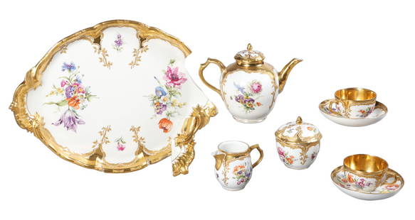 (8) Pc 19th C KPM tea set: (8) Pc 19th C KPM tea set, circa 1830-40, to include teapot, 6-1/4"H chip to foot, cream pitcher, 3-3/8"H, chip to spout, covered sugar, 4"H hairline with repair to bowl, (2) teacups with bright gilde