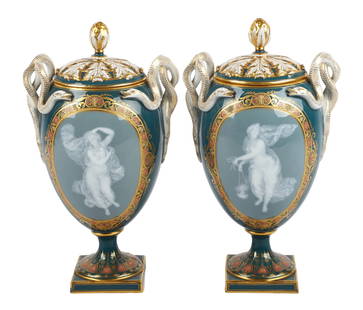 Pr Meissen Pate Sur Pate Porcelain Lidded Urns, 12": Pr Meissen Pate Sur Pate Porcelain Lidded Urns, the body with cobalt blue ground, oval robin's egg blue reserve with pate sur pate dancing maiden, the reserve and the square base with gilt and enamel