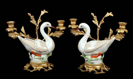 Ormolu Mounted Porcelain Swan Candelabra: Ormolu Mounted Porcelain Swan Candelabra, Louis XV style, hand painted porcelain swan figure on a nest of foliage, mounted on gilt brass scroll pierced foot with branch form 2-light and multi-leaf can