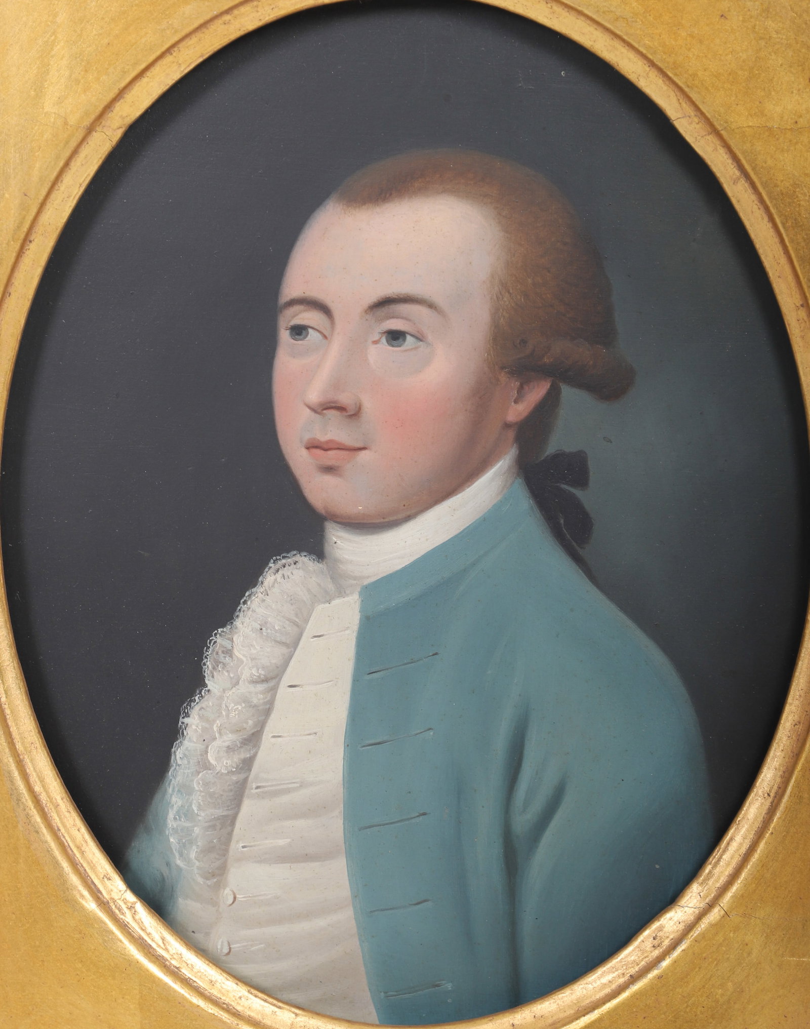 18th C Painting of a Gentleman: 18th C painting of a gentleman, oil on wood panel, unsigned, later inscription "T. Peat", original inner frame liner in later outside frame, 10" x 8-1/8", framed 12-1/4" x 10-3/8", very good condition