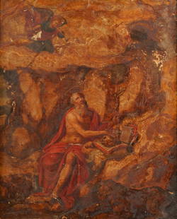 Early Continental allegorical painting on marble: Early Continental allegorical painting on marble depicting St. Jerome being visited by an angel, oil on marble mounted on slate, unsigned, 12" x 9-1/2", framed 18" x 15-1/2", fair condition, several c