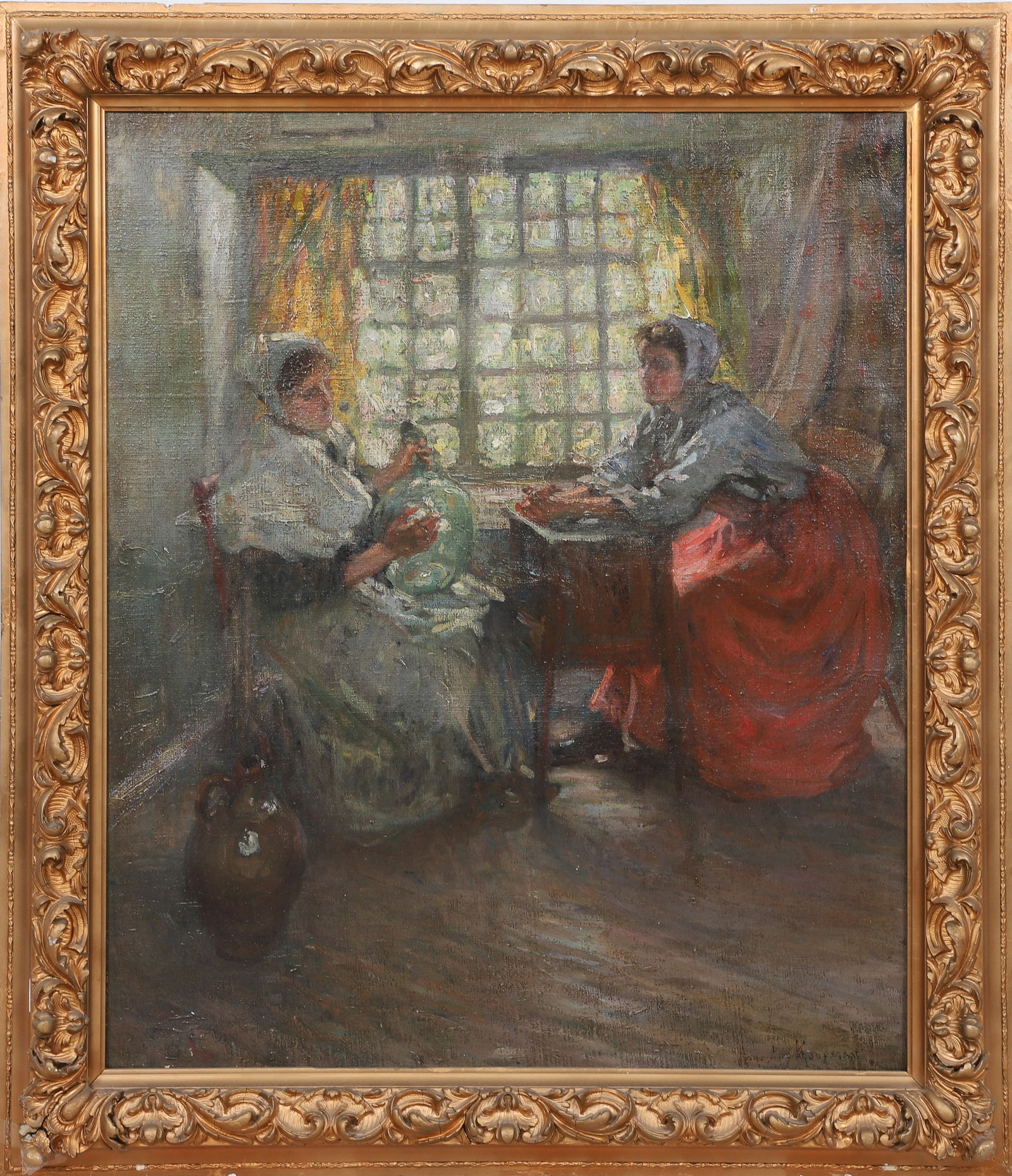 Augustus Koopman Painting "By the Window": Augustus Koopman (French-American, 1869-1914) painting, "By the Window" depicting two seated young women, oil on canvas, signed "Augustus Koopman", 32" x 26-1/2", framed 38" x 32-3/4", very good condi