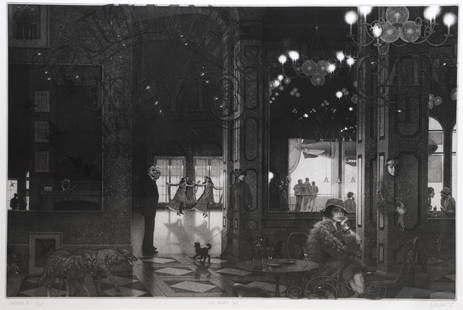 Peter Milton "Hotel Paradise Cafe, Interiors IV": Peter Milton (American, b 1930) "Hotel Paradise Cafe, Interiors IV", etching and aquatint, pencil signed "P. W. Milton", edition 12/175, hinge mounted, 23-3/4" x 35-1/4" plate, framed 35" x 47-1/2", e