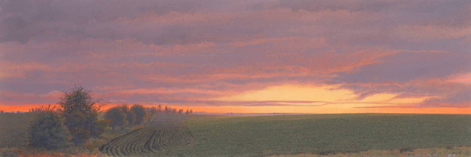 James Winn "Midwestern Landscape at Dusk": James Winn (American, b 1949) "Midwestern Landscape at Dusk", gouache on paper, signed "Winn '88", 7" x 20-7/8" image, framed 16-1/4" x 29-3/4", excellent condition, No foxing, excellent condition, no