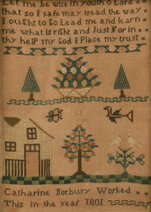 1801 Signed Needlework Sampler: 1801 signed needlework sampler, 'Let me be wise in youth o Lord/That so i safe may tread the way/I ought to go lead me and learn/me what is right and just for in/thy help my God i place my trust', sig