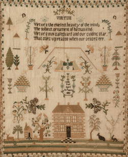 1815 Signed Needlework Sampler: 1815 signed needlework sampler, 'Virtue's the chiefest beauty of the mind/The noblest ornament of humankind/virtue's our safeguard and our guiding star/that stirs up reason when our senses err', signe