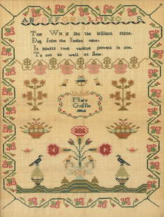 1804 Signed Needlework Sampler: 1804 signed needlework sampler, 'True wit is like the brilliant stone/dug from the Indian mine/It boasts two various powers in one/to cut as well as shine', Mary Griffin 1804, some losses at bottom, 1