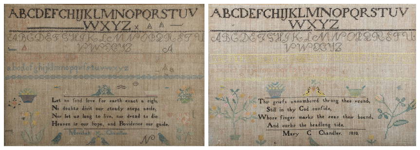 (2) Chandler Family Signed Needlework Samplers: (2) Chandler family signed needlework samplers, each with 4 alphabets, birds & flowers, c/o "Let no fond love for earth exact a sigh; / No doubts divit our steady steps aside; / Nor let us long to liv
