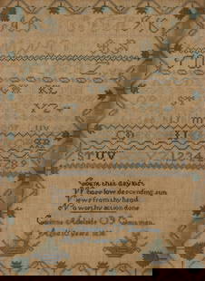 1838 Signed Needlework Sampler: 1838 Signed needlework sampler, "Count that day lost / Whose love descending sun / Views from thy hand / No worthy action done", Corinne Adelaide OJ Cloutman Aged 10 years 1838, 4 alphabets & numbers,