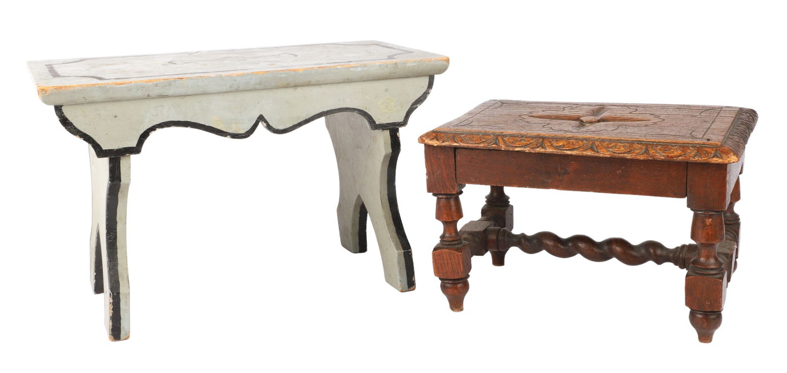 (2) Miniature Stools, painted pine, carved oak, 19th c (1 of 11)