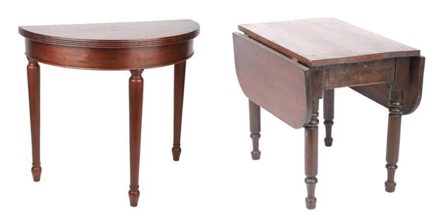 Demilune Sheraton Table, Drop Leaf Table, 19th c: Mahogany Demilune Sheraton Console Table, reeded edge top, turned legs, 21 1/2" w, 10 5/8" d, 19" h; with a Softwood Sheraton Miniature Drop Leaf Table, 15 1/4" l, 10" w, 12 3/4" h, 19th c