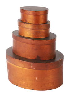 (4) Shaker Nesting Wood Pantry Boxes: (4) Shaker nesting wood pantry boxes, finger lap and copper tack construction, original varnish finish, from Alfred ME, 19th C, c/o 11-3/4" x 8-3/4" x 5-1/2" h, 8-3/4" x 6-2/8" x 3-3/4" h, 6-1/4" x 4-