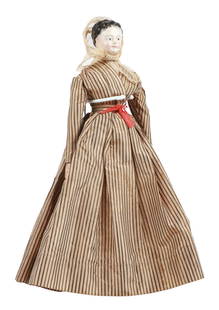 Greiner Style Papier Mache Doll: Greiner style doll, papier mache molded head with painted features, wood arms & legs, 14-1/2" h, right leg repaired, facial crazing, crack to back of head