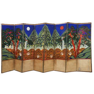 8-panel Korean screen or Irworobongdo: 8-panel Korean screen or Irworobongdo, "A Korean folding screen with a highly stylized landscape painting of a sun and moon, five peaks which always was set behind Eojwa, the king’s royal throne dur