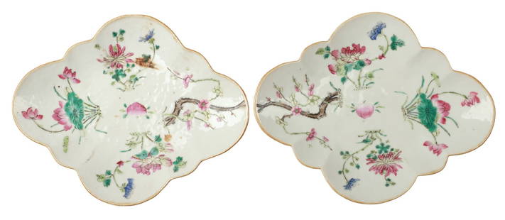 Pair of Chinese Porcelain Footed Dishes: Pair of Chinese porcelain scalloped diamond shaped footed dishes, floral decoration, unmarked, 10-3/4" x 8-3/4"