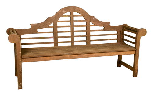 Kingsley Bate painted teak garden bench: Kingsley Bate painted teak garden bench, shaped back, slatted seat, scrolled arms, 43"h x 76"w x 21"d, light wear to paint