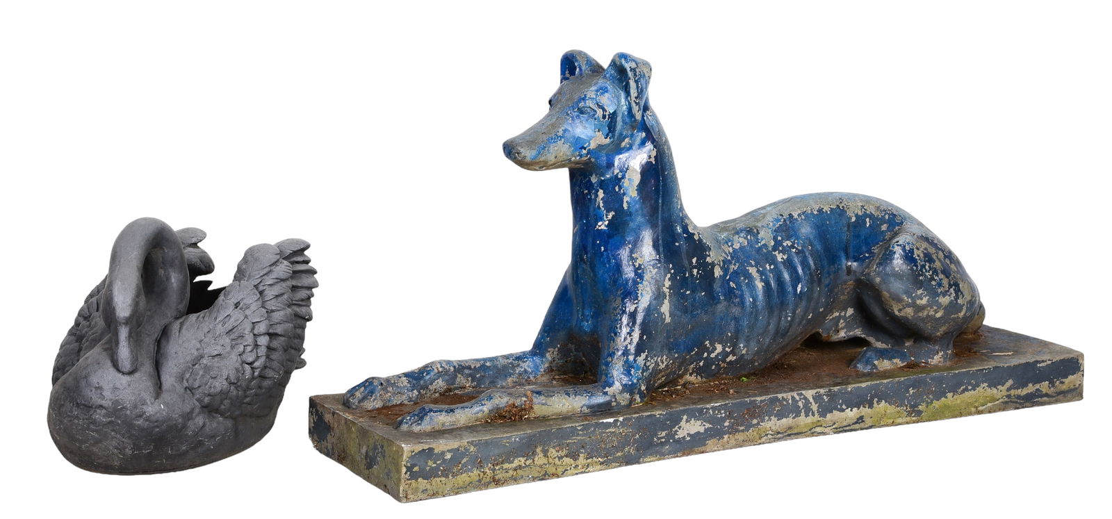 Composition blue painted whippet garden statue, composition swan planter (1 of 4)