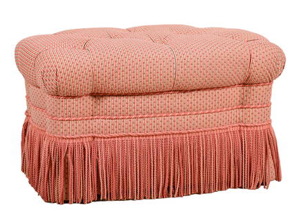 Scalamandre upholstered ottoman: Scalamandre upholstered ottoman, pink and cream decorative upholstery, with pink tassels, on casters, 20"h x 32"w x 20"d