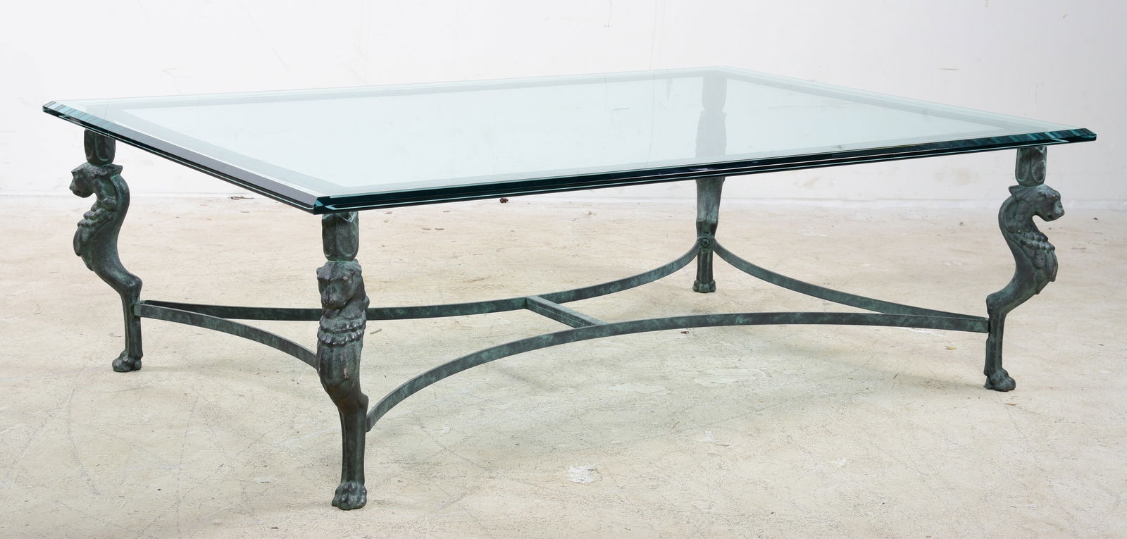 Glasstop coffee table on bronze patinated metal base (1 of 4)