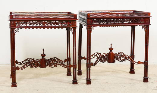 Pair Chinese Chippendale style mahogany tea tables: Pair Chinese Chippendale style mahogany tea tables, pierced carved top, pierced carved sides over pierced carved stretcher on bamboo form legs, 27"h x 26"w x 19"d