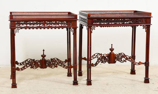 Pair Chinese Chippendale style mahogany tea tables: Pair Chinese Chippendale style mahogany tea tables, pierced carved top, pierced carved sides over pierced carved stretcher on bamboo form legs, 27"h x 26"w x 19"d, normal wear to tops, one has a sligh