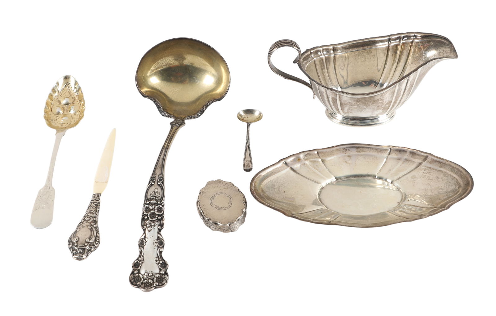 Sterling Pill Box, Spoons and Table Items: Sterling Pill Box, Spoons and Table Items to include Birmingham 1852 pillbox signed WD, 2 1/2"L, 1912 Chester sterling repousse handled letter opener, 8"L, a GR stamped illegibly marked Birmingham ber