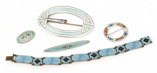 Enameled Sterling Jewelry Group: Enameled sterling jewelry group to include a VB Volmer Bahner sterling enameled Danish bracelet, 7 1/4"L, a sterling enameled sash pin in white and blue, 3 1/8"L x 1 3/4"W, and (3) smaller enameled st