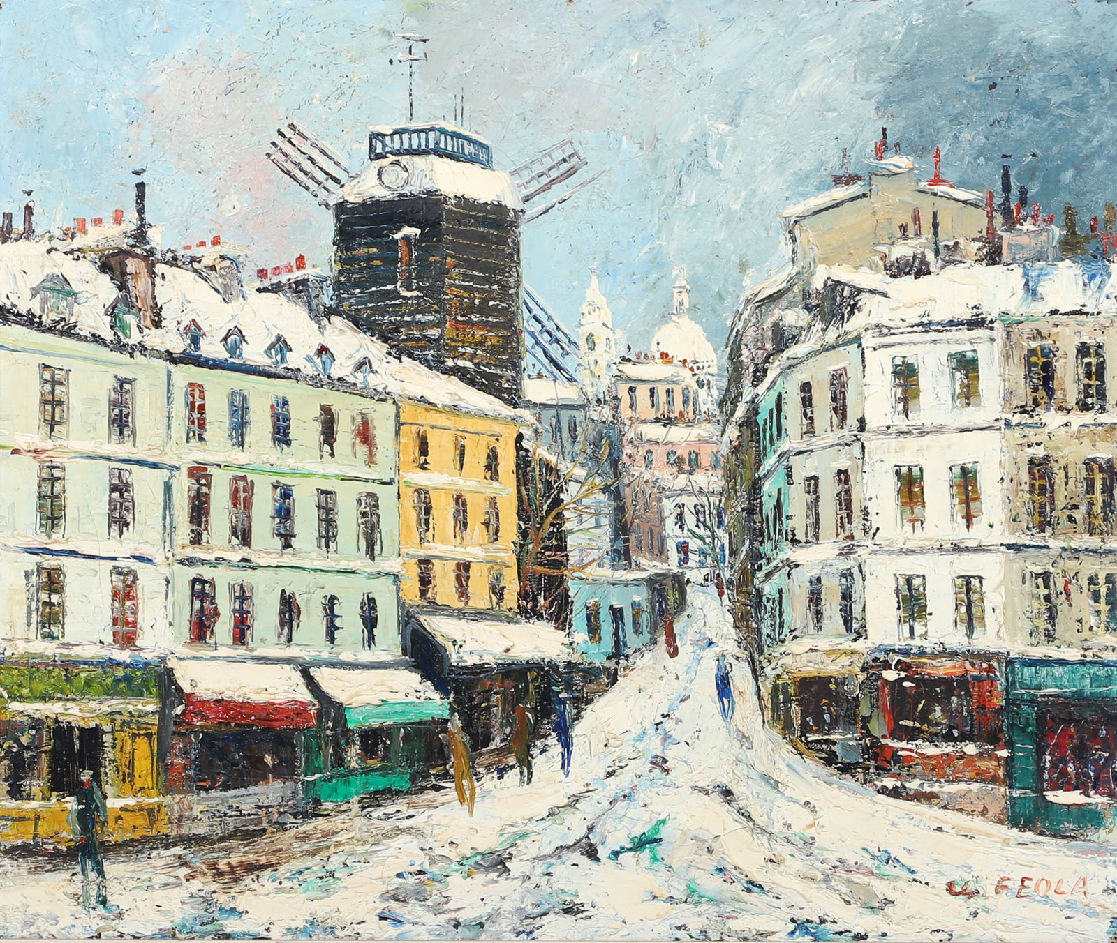Charles Feola Montmartre Windmill, Paris: Charles Feola (French, 1917-1994) Montmartre Windmill, Paris, oil on canvas, signed "Ch. Feola", 18-1/4" x 21-3/4", framed 25-1/4" x 28-3/4", very good condition, minor gilt losses on frame