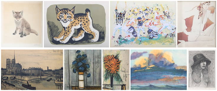 (9) Miscellaneous Prints: (9) Miscellaneous prints, (3) after Bernard Buffet, offset lithograph; landscape after Emil Nolde; offset lithograph after Leroy Neiman; etching of a fox signed "Meyer Eberhardt"; block print of a leo