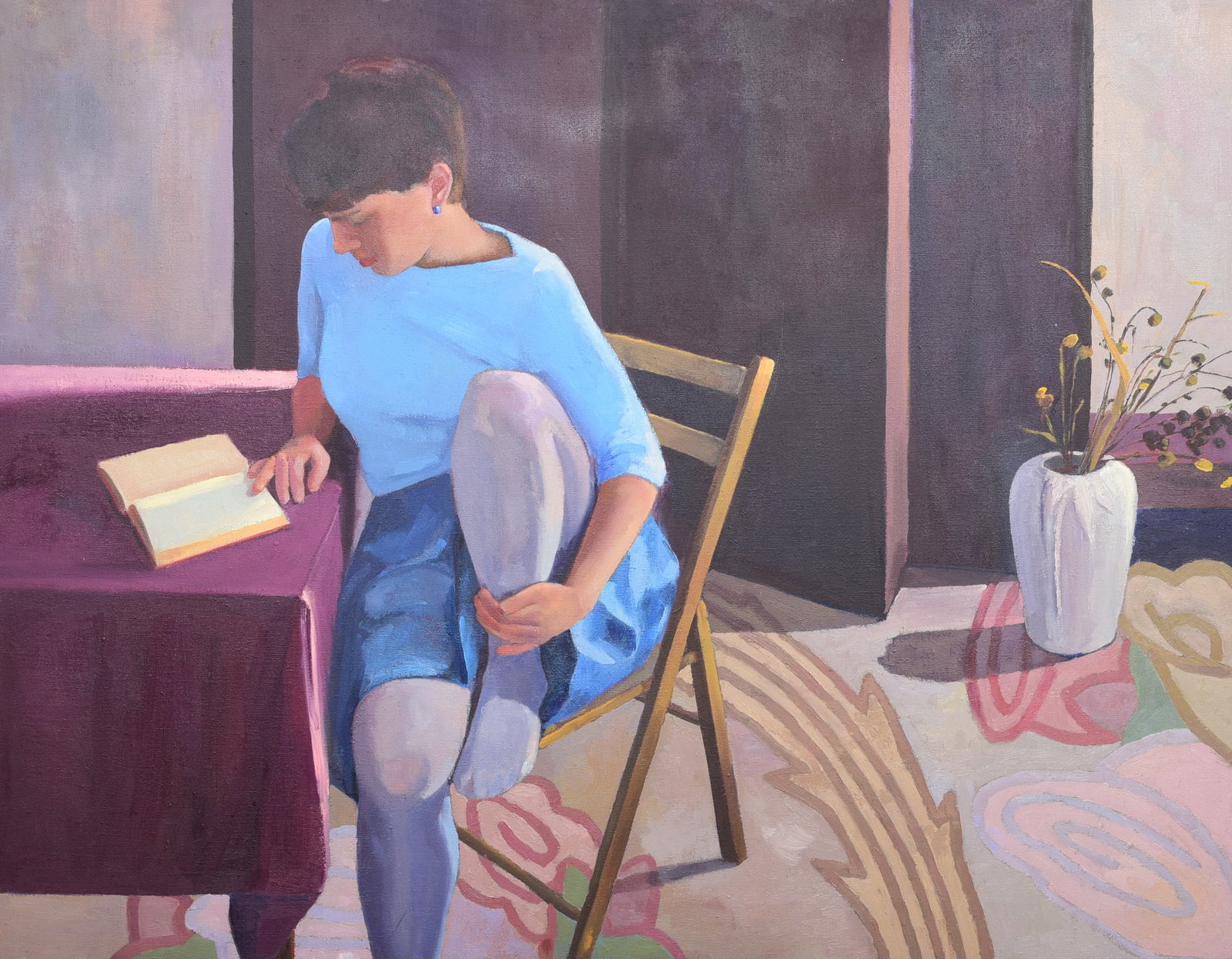 Elizabeth Knoblauch "Young Woman Reading": Elizabeth Knoblauch, 20th C American, "Young Woman Reading", oil on canvas, signed on tape on reverse, 36" x 46-1/4", framed 36" x 46-3/4, very good condition