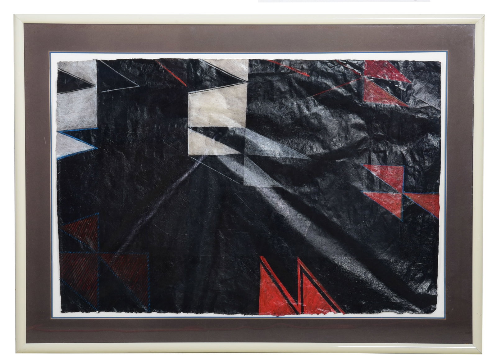 Brian Tripp Abstract Painting: Brian Tripp (Native American, b 1945) abstract painting "Red Said I Think I Should Be That Way", abstract with geometric and symbolic Native American elements, china marker crayon and acrylic on paper