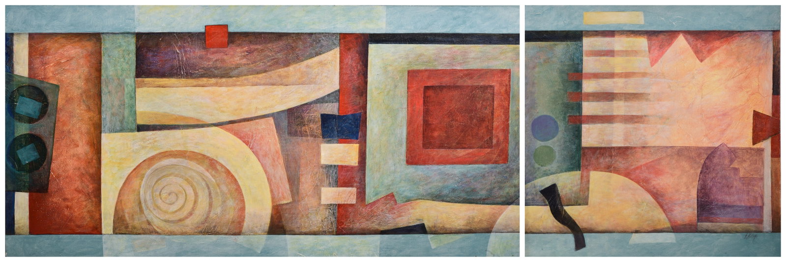 Shirley Kelley Postmodernist Diptych Painting: Shirley Kelley, 20th-21st C American, post modernist diptych painting, "Focus Series", oil on canvas, signed "S. Kelley" on reverse, diptych measures 24" x 74"