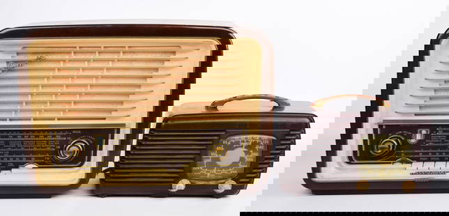 (2) Vintage Radios: (2) Vintage radios, c/o Zenith portable model 6D510 in bakelite case (11-3/4" x 6-1/2" x 6-1/2" h excluding handle), Telefunken Gavotte 55 tube radio in wooden case and original plastic face & cloth s