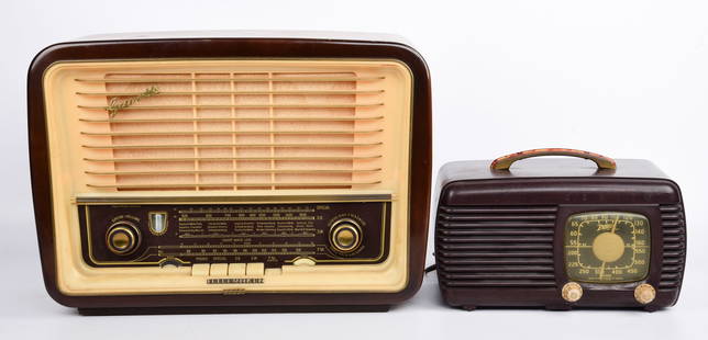 (2) Vintage Radios: (2) Vintage radios, c/o Zenith portable model 6D510 in bakelite case (11-3/4" x 6-1/2" x 6-1/2" h excluding handle), Telefunken Gavotte 55 tube radio in wooden case and original plastic face & cloth s