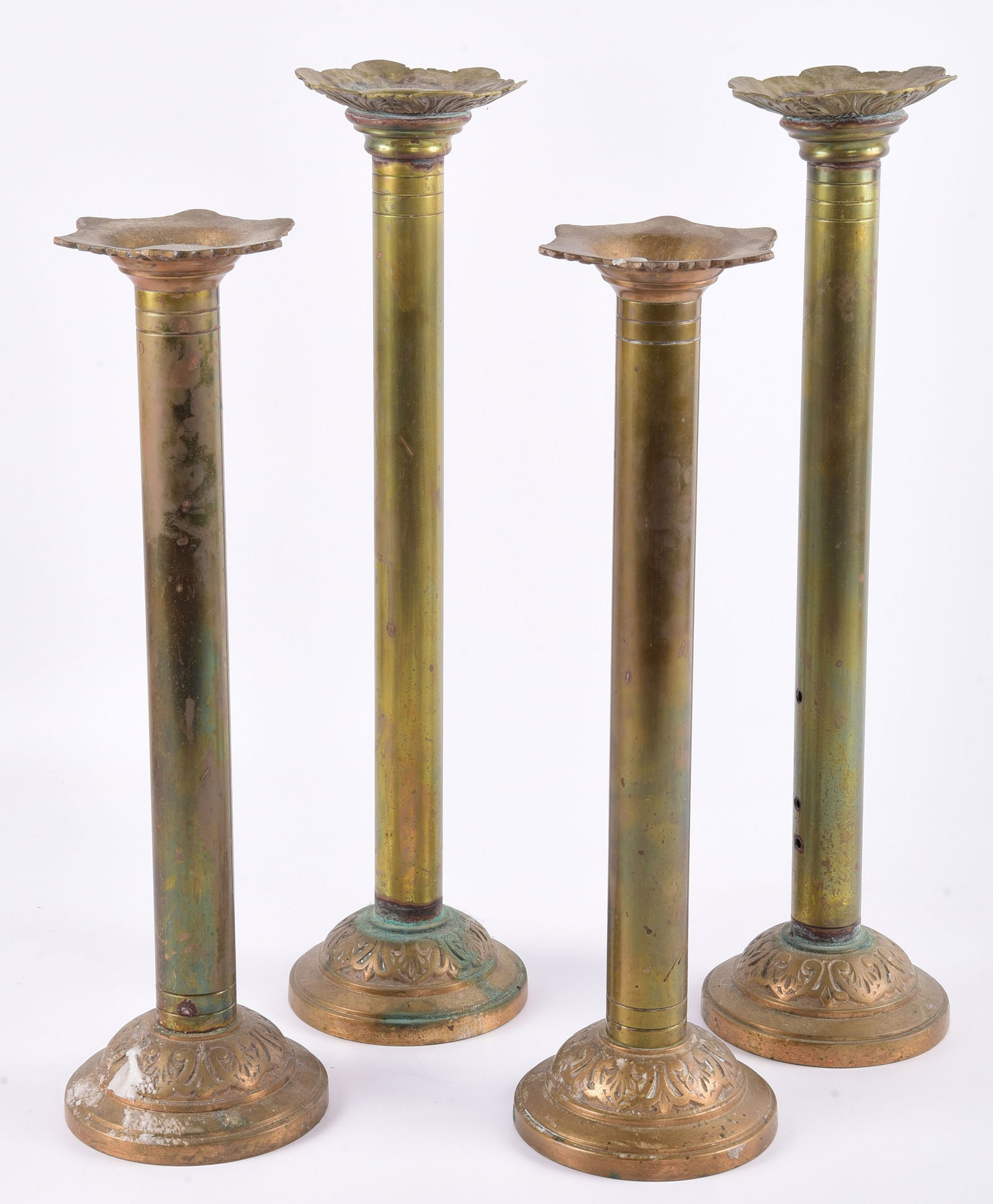 (4) Brass pillar candlesticks: (4) Brass pillar candlesticks, unmarked, c/o (2) 16" h, (2) 20-3/8" h