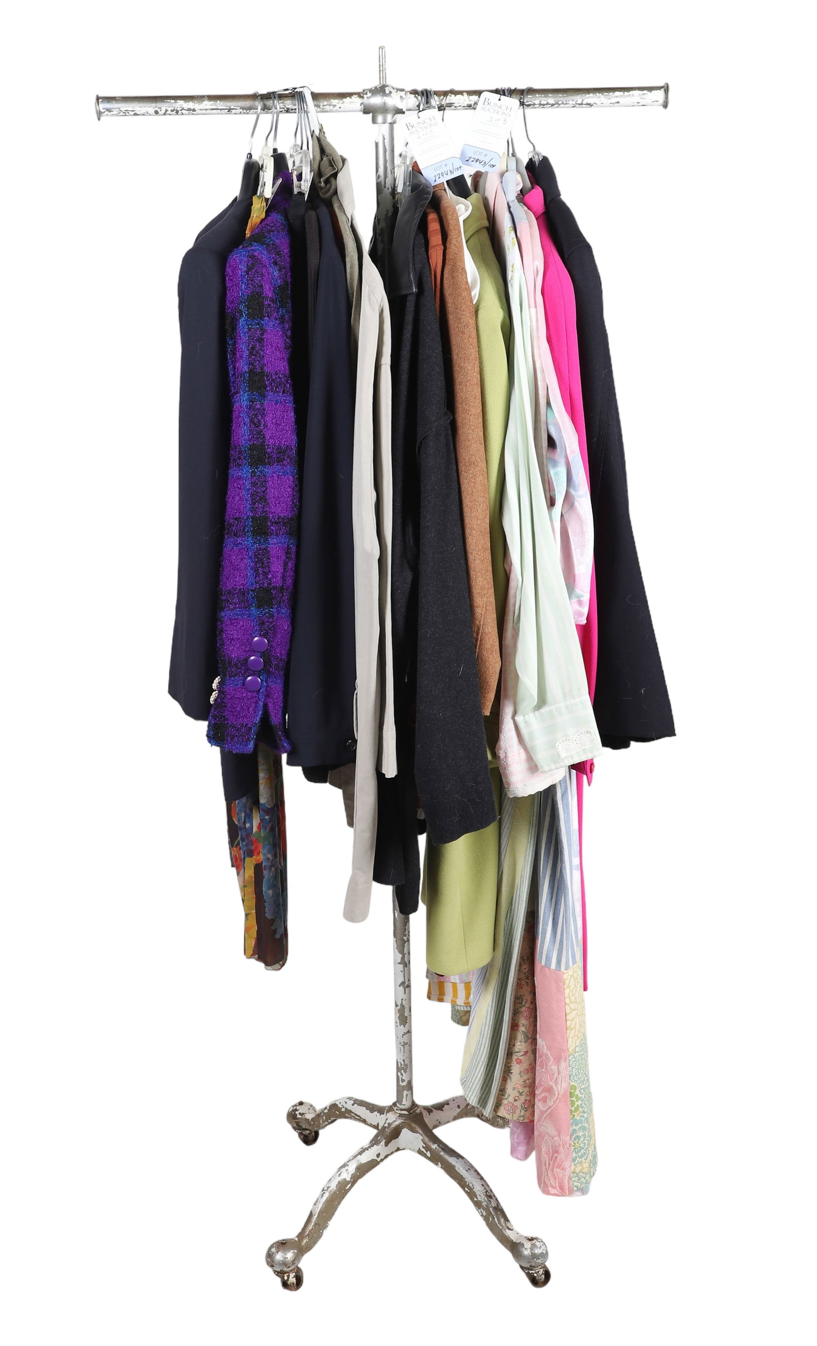 (20) Vintage Designer Garments: (20) Vintage designer garments to include Mariella Burani jacket and floral skirt, Nina Ricci jacket and skirt, (2) Etro sweaters, (1) green wool Etro coat, 44, some moth bites, (7) Rene Lezard garmen