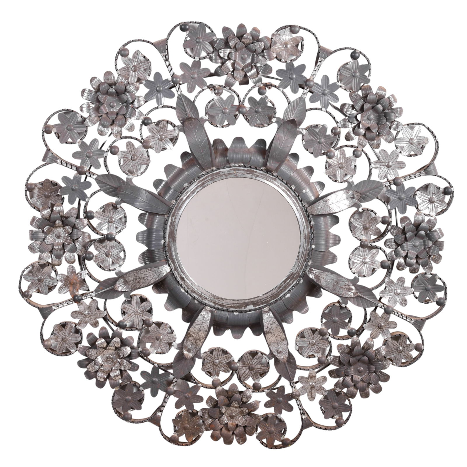 Scrolled tin and floral decorated hanging wall mirror (1 of 2)
