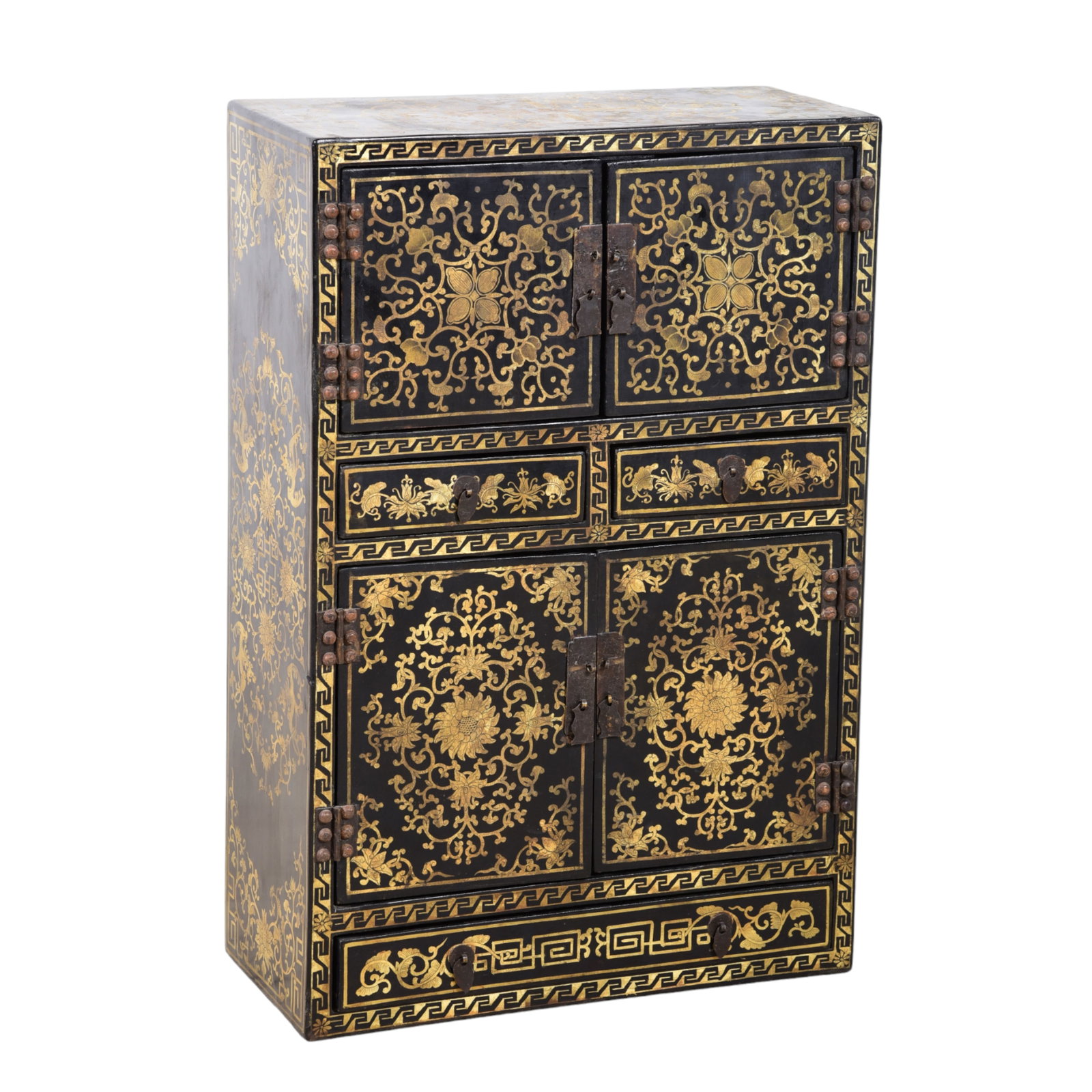 Chinese ebonized and gilt diminutive tansu: Chinese ebonized and gilt diminutive tansu, floral and scrolled decoration, two doors over two drawers over two doors over single drawer, 24"h x 15-1/2"w x 17"d, some nicks to sides, no breaks to door