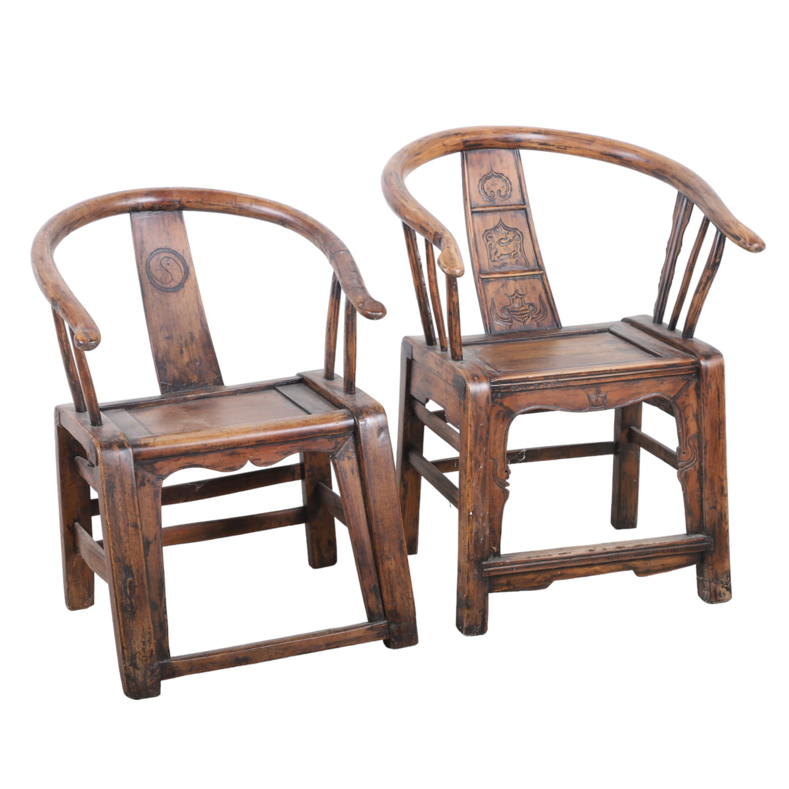 (2) Chinese elmwood carved distressed armchairs: (2) Chinese elmwood carved distressed armchairs, distressed painted with carved decoration on bentwood splats, 34"h x 27"w x 22"d