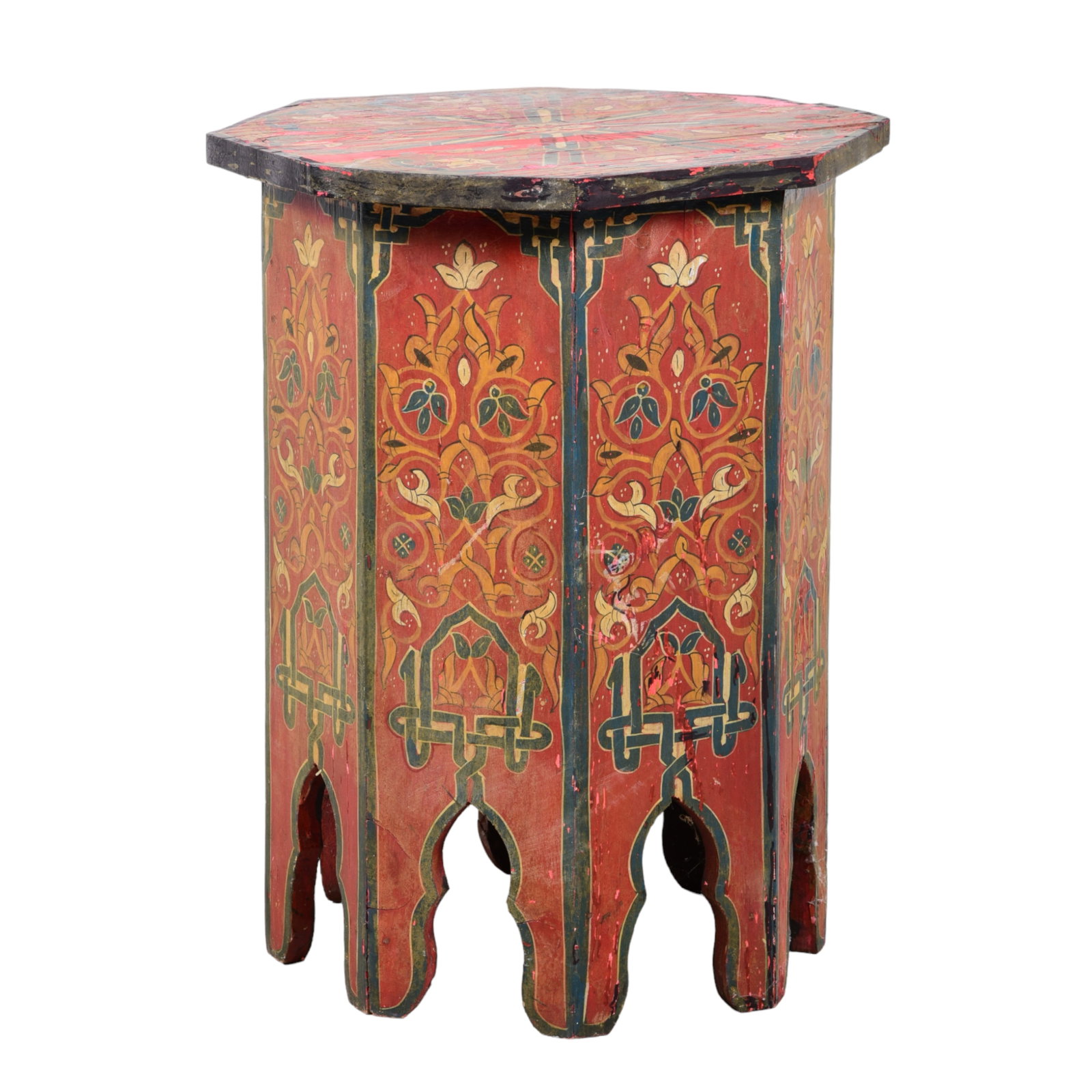 Moorish painted octogonal pedestal: Moorish painted octogonal pedestal, floral and leaf scrolled decoration, shaped legs, 20-1/2"h x 15-1/2"diameter, wear to paint