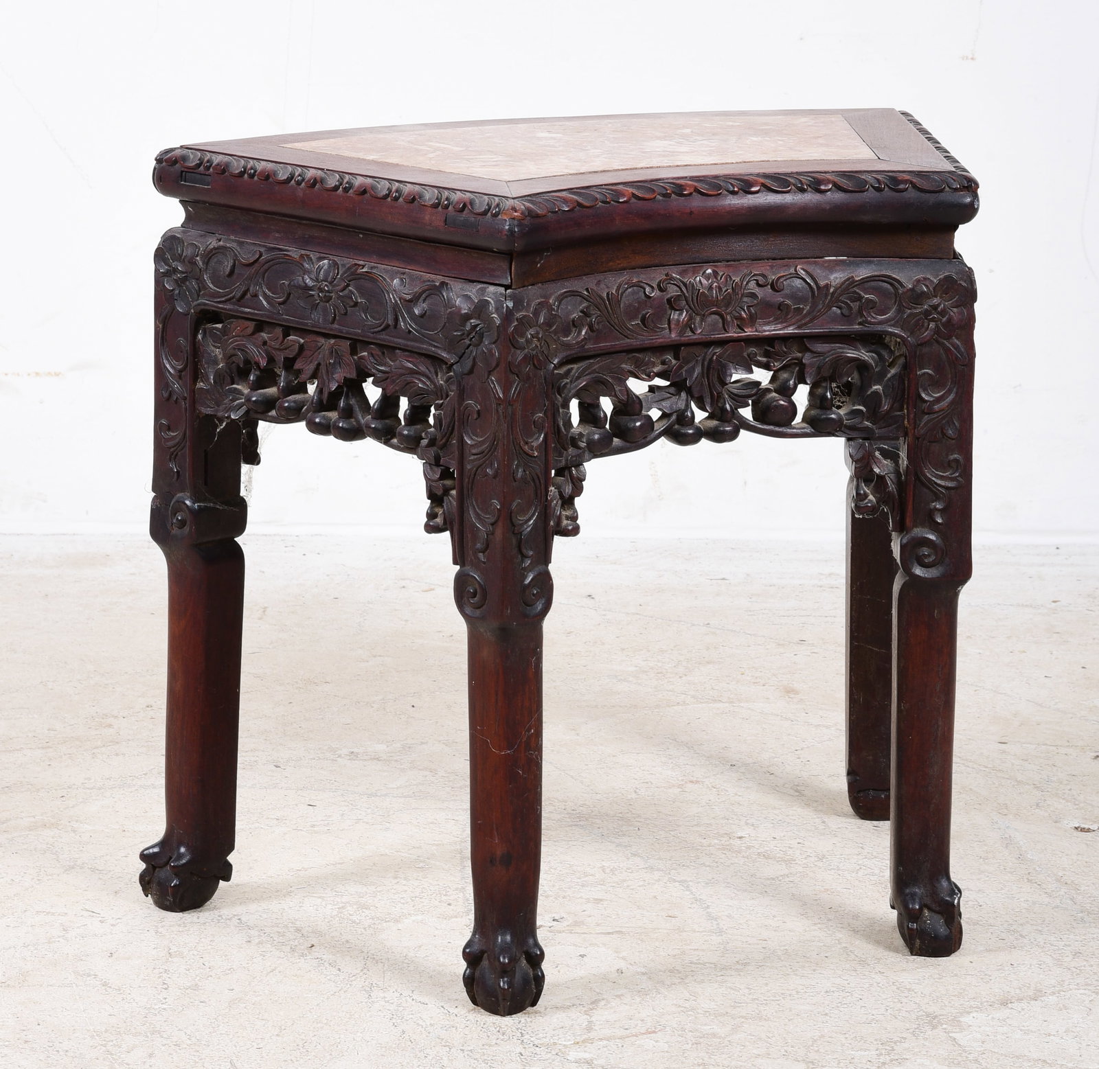 Chinese carved marbletop pedestal: Chinese carved marbletop pedestal, inset marble, pierced carved skirt, 18"h x 19"w x 11"d