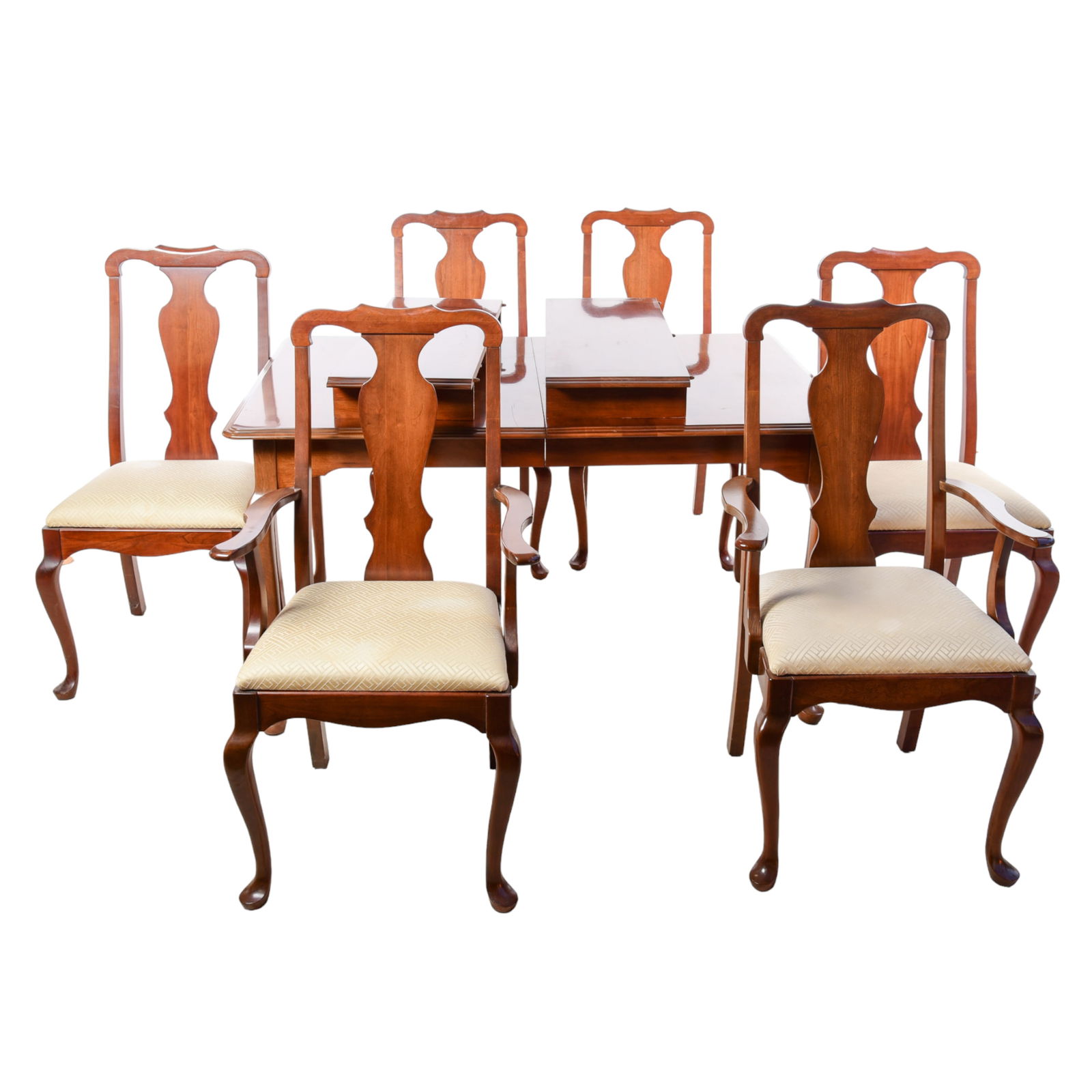 (7) pc Pennsylvania House Queen Anne style cherry dining set: (7) pc Pennsylvania House Queen Anne style cherry dining set, c/o 2 armchairs and 4 side chairs with pierced carved backs upholstered seats, dining table, 29"h x 55"w x 38"d, two 12"w boards